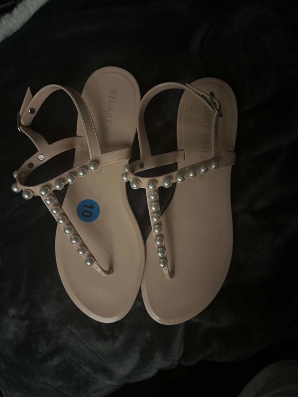 Stuart Weitzman Blush Pearl-Embellished T-Strap Sandals